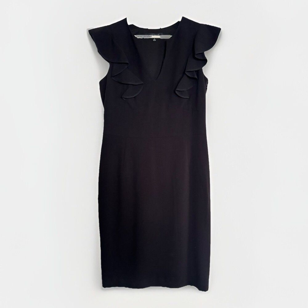 NWT Nine West $140 Ruffle V-Neck Sleeveless Sheath Black Dress Size 8 Minimalist